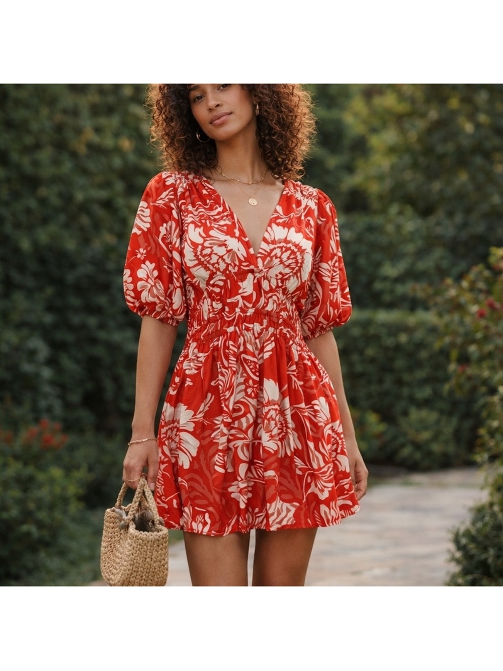 Red Floral V-Neck Puff Sleeve Mini Dress